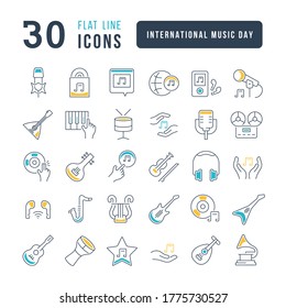 Set vector line thin icons of international music day in linear design for mobile concepts and web apps. Collection modern infographic pictogram and signs.