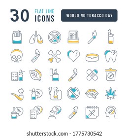 Set vector line thin icons of world no tobacco day in linear design for mobile concepts and web apps. Collection modern infographic pictogram and signs.