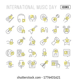 Set vector line thin icons of international music day in linear design for mobile concepts and web apps. Collection modern infographic pictogram and signs.