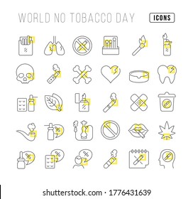 Set vector line thin icons of world no tobacco day in linear design for mobile concepts and web apps. Collection modern infographic pictogram and signs.