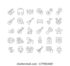 Set vector line thin icons of international music day in linear design for mobile concepts and web apps. Collection modern infographic pictogram and signs.