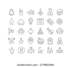 Set vector line thin icons of ramadan in linear design for mobile concepts and web apps. Collection modern infographic pictogram and signs.