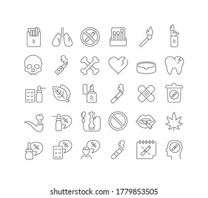 Establezca los iconos delgados de la línea vectorial del mundo en el día del tabaco en diseño lineal para conceptos móviles y aplicaciones web. Colección de pictogramas y signos infográficos modernos.