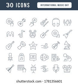 Set vector line thin icons of international music day in linear design for mobile concepts and web apps. Collection modern infographic pictogram and signs.
