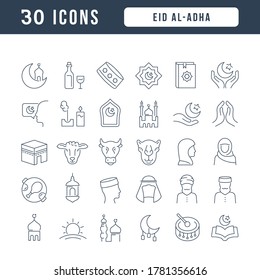 Set vector line thin icons of Eid Al-Adha in linear design for mobile concepts and web apps. Collection modern infographic pictogram and signs.
