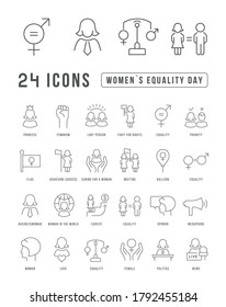 Set vector line thin icons of women equality day in linear design for mobile concepts and web apps. Collection modern infographic pictogram and signs.