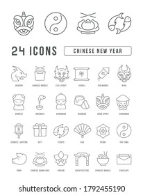 Set vector line thin icons of Chinese New Year in linear design for mobile concepts and web apps. Collection modern infographic pictogram and signs.