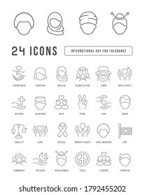 Set vector line thin icons of international tolerance day in linear design for mobile concepts and web apps. Collection modern infographic pictogram and signs.