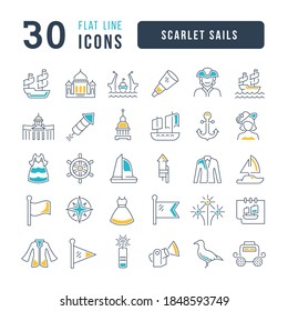 Set vector line thin icons of scarlet sails in linear design for mobile concepts and web apps. Collection modern infographic pictogram and signs.