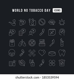 Set vector line thin icons of world no tobacco day in linear design for mobile concepts and web apps. Collection modern infographic pictogram and signs.
