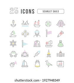 Set vector line thin icons of scarlet sails in linear design for mobile concepts and web apps. Collection modern infographic pictogram and signs.
