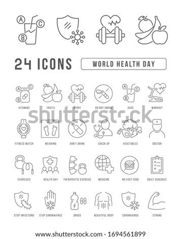 Set vector line thin icons of world health day in linear design for mobile concepts and web apps. Collection modern infographic pictogram and signs.