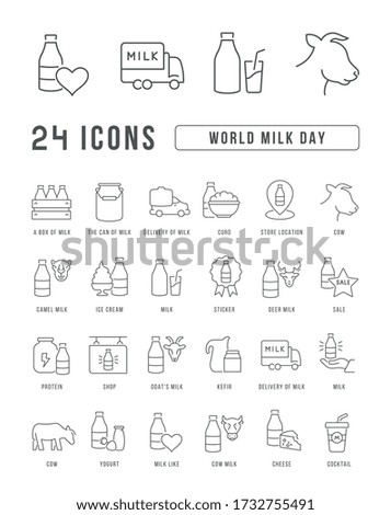 Set vector line thin icons of world milk day in linear design for mobile concepts and web apps. Collection modern infographic pictogram and signs.