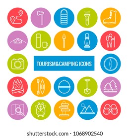 Set of vector line tourism and camping icons for web design