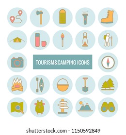 Set of vector line tourism and camping icons for web design