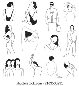 Conjunto de mujeres de línea vectorial en blanco y negro