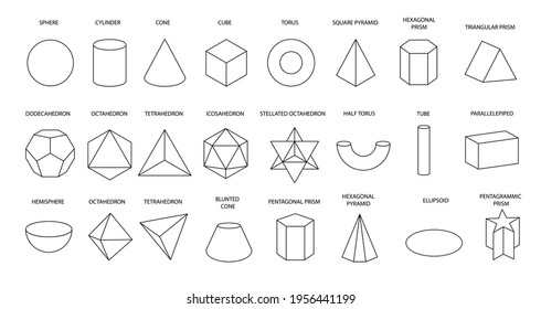 Conjunto de formas geométricas de color negro lineal vectorial aisladas sobre fondo blanco. Matemáticas de una figura geométrica, contorno. sólido platónico. Iconos, logo para educación, negocios, diseño. Esquema.