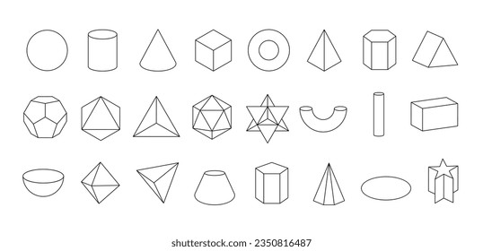 Satz von vektorlinearen, schwarzen geometrischen Formen. Mathematik einer geometrischen Figur, Kontur. Platonischer Feststoff. Symbole, Logo für Bildung, Wirtschaft, Design. Umriss.