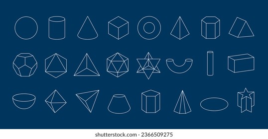 Set of vector linear black geometric shapes. Mathematics of a geometric figure, contour. Platonic solid. Icons, logo for education, business, design. Outline.