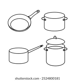 Set of vector linear black and white illustrations of pots and pans for cooking