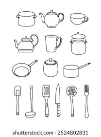 Conjunto de ilustraciones lineales de Vector en blanco y negro de electrodomésticos de cocina, ollas, hervidores, tazas, sartenes