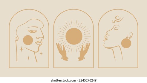 Set of vector linear boho emblems of mystic people. Bohemian logo design