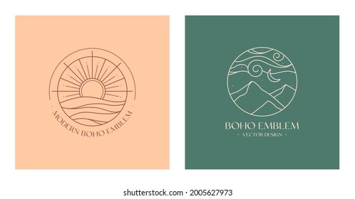 Set of vector linear boho emblems.Bohemian logo designs with sea,sun,mountains and moon.Modern celestial icons or symbols in trendy minimalist style.Branding design templates.