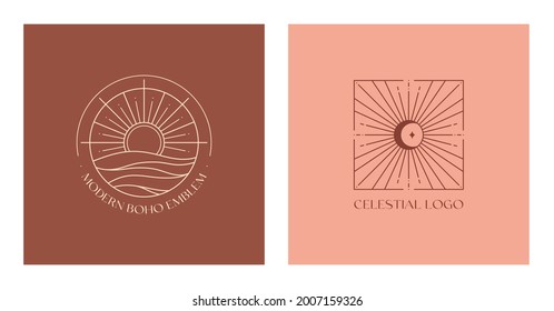 Set Of Vector Linear Boho Emblems.Bohemian Logo Designs With Sea,moon,sun And Sunburst.Modern Celestial Icons Or Symbols In Trendy Minimalist Style.Branding Design Templates.