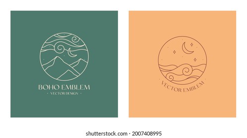 Set of vector linear boho emblems.Bohemian logo designs with sea,mountains and moon.Modern celestial icons or symbols in trendy minimalist style.Branding design templates.