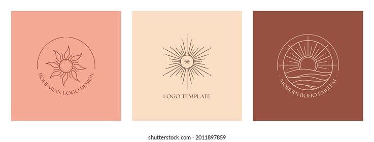 Set of vector linear boho emblems.Bohemian logo designs with sea,sun and sunburst.Modern celestial icons or symbols in trendy minimalist style.Branding design templates.