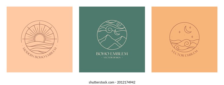 Set of vector linear boho emblems.Bohemian logo designs with sea,sun,mountains and moon.Modern celestial icons or symbols in trendy minimalist style.Branding design templates.