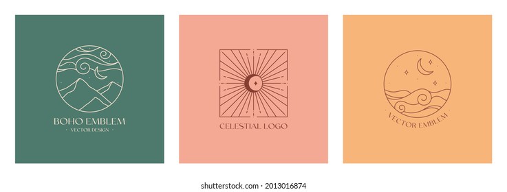 Set of vector linear boho emblems.Bohemian logo designs with sea,sun,mountains and moon.Modern celestial icons or symbols in trendy minimalist style.Branding design templates.