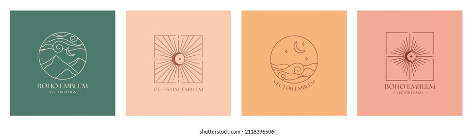 Set of vector linear boho emblems.Bohemian logo designs with sea or lake,sun and sunburst,mountains and crescent moon.Modern celestial icons or symbols in trendy minimalstyle.Branding design templates