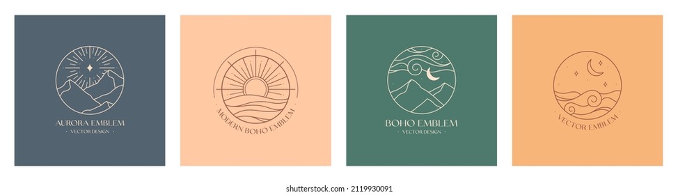 Set of vector linear boho emblems.Bohemian logo designs with sea or lake,sun,mountains,aurora lights and moon.Modern travel icons or symbols in trendy minimalist style.Branding design templates.
