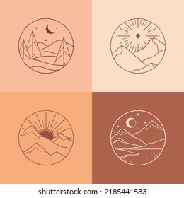 Conjunto de emblemas de boho lineales vectoriales.Logotipos bohemios con lago, sol y ráfagas de sol, montañas con nevado, aurora y luna.Iconos o símbolos de camping modernos de estilo minimalista.Plantillas de diseño de viajes