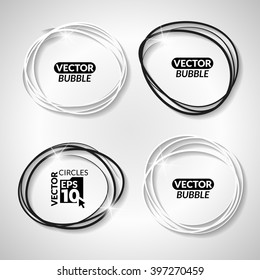 Set of vector linear bubbles. Set of hand drawn black and white circles on the grey background.