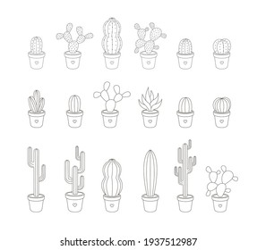 A set of vector linear cactuses. Illustrations for creating patterns, colorings, postcards, and other designs.