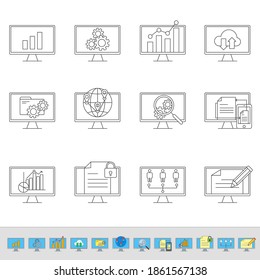 Set of vector linear and color icons. Various types of communication, settings, data transfer on personal computers.