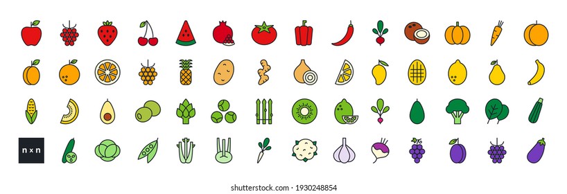 Set of vector linear color icons. Vegetables, fruits and berries. Contour, shape, outline isolated on white. Thin line. Modern design. Healthy food and vitamins
