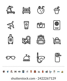 Set of vector linear and color icons. Travel.