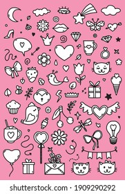 Set of vector linear doodles for Valentine's Day. Illustrations in cartoon decorative style