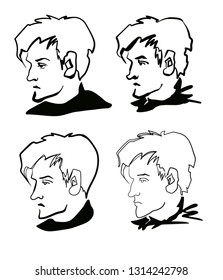 Set of vector linear drawing of the guys head. face of a young man set. contour logo man. Attractive young  man face sketch. Hand drawn fashion illustration. 