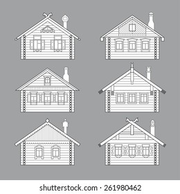 Set of vector linear facades of old russian log houses.Ancient  huts architectural symbols and design elements.Detailed collection for product promotion and advertising isolated on grey background