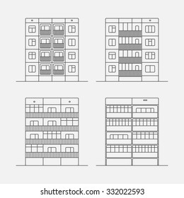 Set of vector linear facades of panel houses.Classic blocks of flats architectural symbols and design elements.Detailed collection for product promotion and advertising isolated on white background