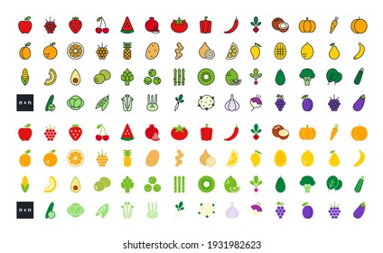 Set of vector linear flat color icons. Vegetables, fruits and berries. Contour, shape, outline isolated on white. Thin line. Modern design. Healthy food and vitamins