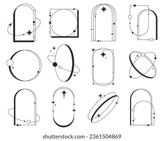 Conjunto de marcos lineales vectoriales o elementos de línea estética para el borde de fondo. Marco con estrella y brillo en forma ovalada y redonda, rectangular y de arco. Diseño decorativo minimalista. Fondo artístico