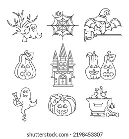 Set of vector linear Halloween holiday icons. Castle, pumpkins, ghost, web and others.