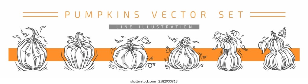 Set of vector linear hand drawn pumpkins, stylish doodles, vegetables for prints, websites, illustrations, t-shirts, cards, suitable for Halloween holiday, party, children's images. Autumn design.