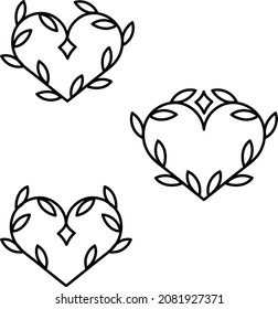 set of vector linear hearts with leaves