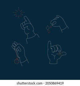 A set of vector linear human hands. The illustrations are linear with decorations for the Christmas tree. Merry Christmas and Happy New Year. A man decorates a Christmas tree for the holiday.